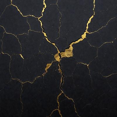 The primary subject of the image is a gold-colored crack in a black surface. The setting is a black background, and the visual style appears to be a photo. The colors and mood of the image are predominantly dark, with the gold crack being the main focal point.